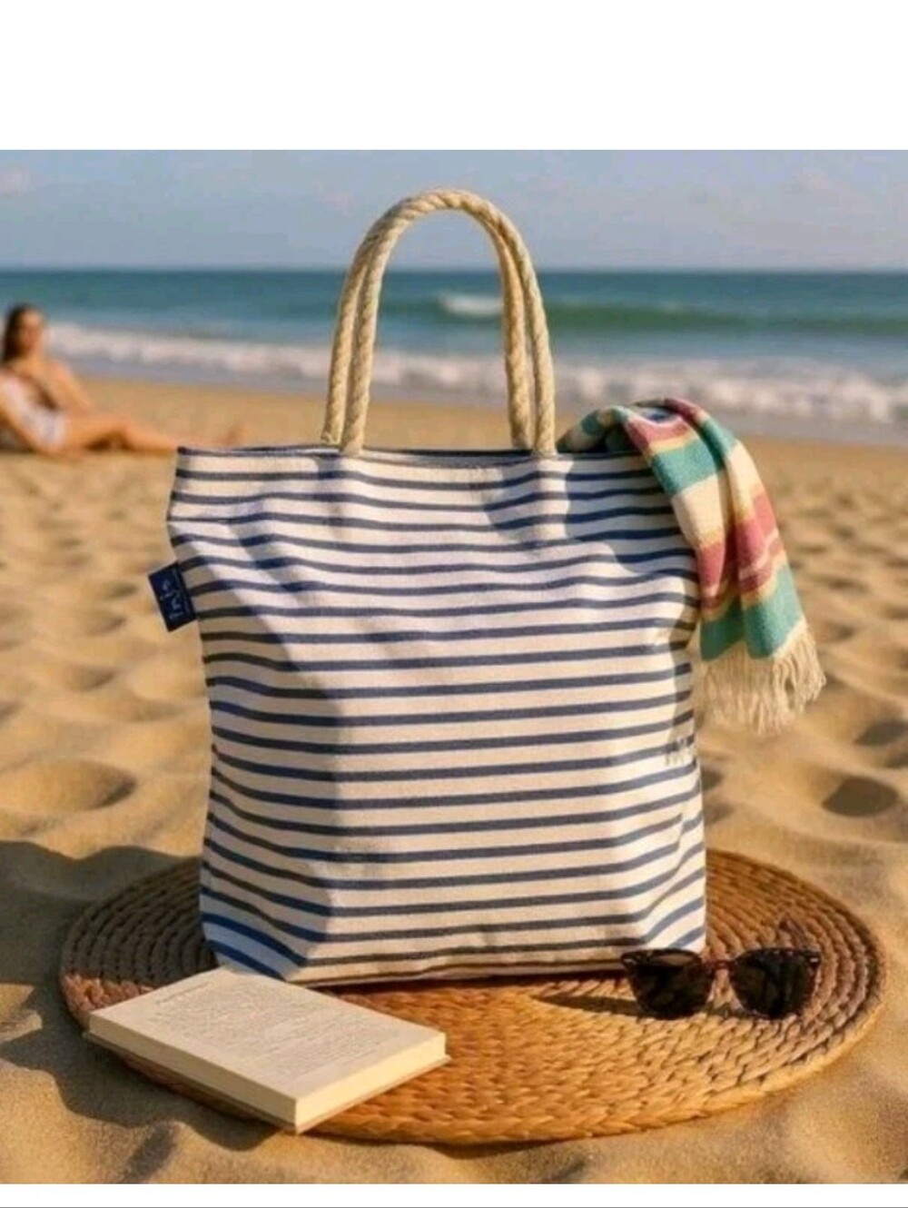 Inis Striped Beach Bag Navy/White Stripes  Rope Handles Zippered Closure